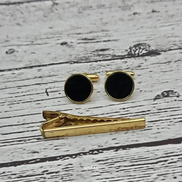Christian Dior Gold and Black Cufflinks and Tie Bar Set - Picture 1 of 5